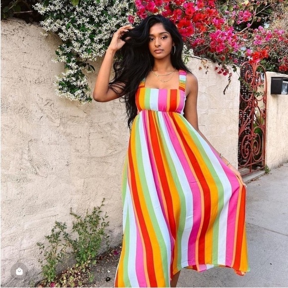 Show Me Your Mumu Vibrant Colorful Stripe Fling Midi Dress In Getaway Stripe - Picture 1 of 8